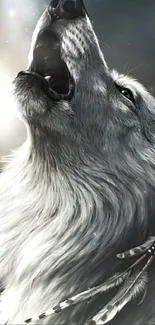 A majestic wolf howling under moonlight, adorned with feathers.