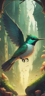 A vibrant wallpaper of a hummingbird flying in a mystical fantasy city.