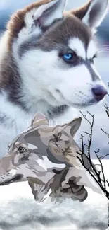 Majestic husky with wolf and winter scene in mobile wallpaper.