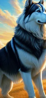 Majestic husky stands in golden sunlight with a dramatic sky backdrop.