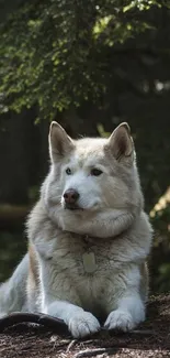 A majestic Husky lying in a lush forest, surrounded by green foliage.