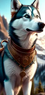 Majestic husky with intricate collar in mountain scenery wallpaper.