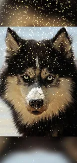 Husky dog in snow with a wintry background.