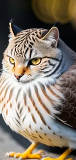 Hybrid owl-cat with stunning features and intricate patterns on a nature backdrop.