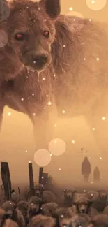 Surreal giant hyena in a foggy landscape with muted tones.