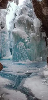 Majestic ice cave with frozen waterfall scene.