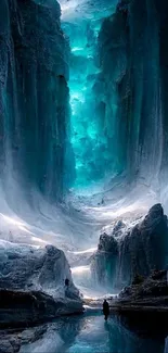 Majestic ice cave with vibrant blue hues and intricate formations.