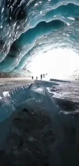 Breathtaking view inside an ice tunnel with glowing crystalline blue hues.