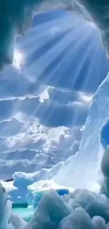 Majestic ice cave with sun rays filtering through a serene blue landscape.