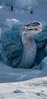 A giant dragon rising from icy terrain with people observing.