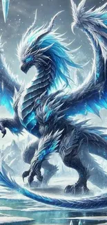 Majestic ice dragon with blue wings and icy background.