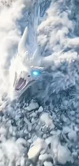 Ice dragon surrounded by mist and snow, with glowing blue eyes.