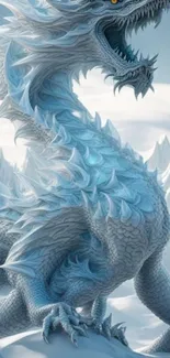 Majestic ice dragon in snowy landscape.