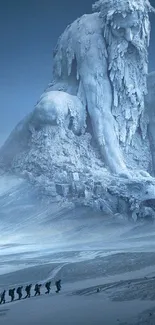 Frozen giant sculpture in icy landscape with a line of travelers at the base.