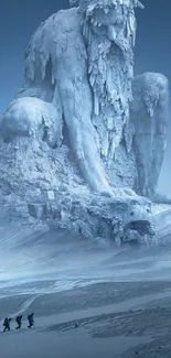 Majestic ice giant statue in snowy landscape.