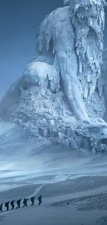 Majestic ice giant monument in a snowy landscape.