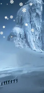 Majestic ice giant towering in snowy landscape with snowflakes.