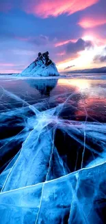 Majestic sunset over icy lake with vibrant colors.