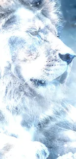 Majestic ice-colored lion in serene winter setting wallpaper.