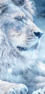 Majestic lion with icy blue mane in a serene winter landscape.