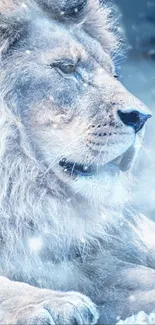 Majestic lion resting in a snowy landscape with icy blue tones.