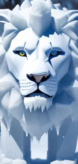 White geometric ice lion sculpture in snowy scene.