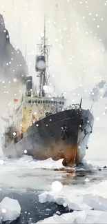 Icebreaker ship navigating through icy Arctic waters.