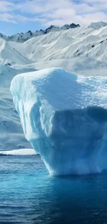 Serene iceberg landscape with blue ice and snowy peaks.