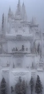 Intricate icy castle with snow-covered details.