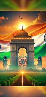 India Gate with Indian flag at sunset, vibrant colors.