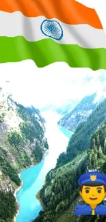 Indian flag waving over lush valley with river and mountains.