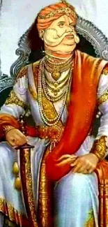 Majestic Indian ruler in traditional orange attire seated elegantly.