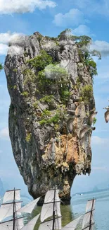 Majestic island tower with lush greenery and blue skies.