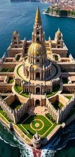 Aerial view of a majestic island cathedral surrounded by blue ocean waters.