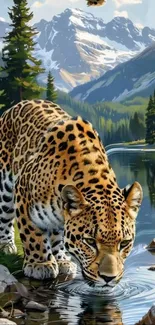 Majestic jaguar by mountain stream scenery.