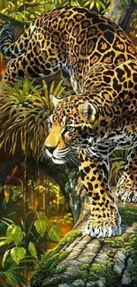 Majestic jaguar on a jungle tree branch with lush foliage background.