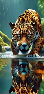 Jaguar stalking through jungle stream with reflection.