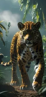 A majestic jaguar walks through a dense jungle in vibrant greenery.