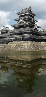 Japanese castle reflected in water, with serene cloudy sky and greenery.