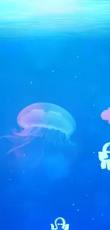 Serene mobile wallpaper with glowing jellyfish in blue ocean scene.