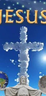 Jesus statue with cloud cross in blue sky, featuring Earth and Moon.