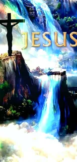 Majestic landscape with Jesus on cross and waterfall.