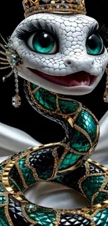 Jewel-encrusted serpent with green scales and a crown on a black background.
