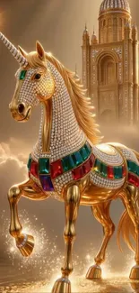 Majestic unicorn with jeweled armor in front of a golden castle.