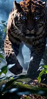 Lifelike leopard walking in jungle with blue eyes and vivid greenery.