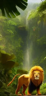 Lion in a lush green jungle with cascading waterfall.