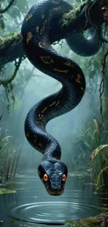 A majestic black snake in a lush jungle setting with water reflections.
