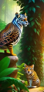 Vibrant jungle wallpaper featuring majestic tigers amid lush green foliage.