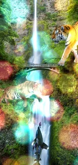 Majestic jungle waterfall with tigers and shark.