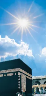 Kaaba under bright sun with blue sky.